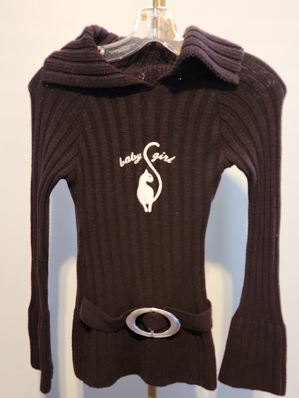 Baby Girl Ribbed Pullover Sweater with Belt - Dark Brown